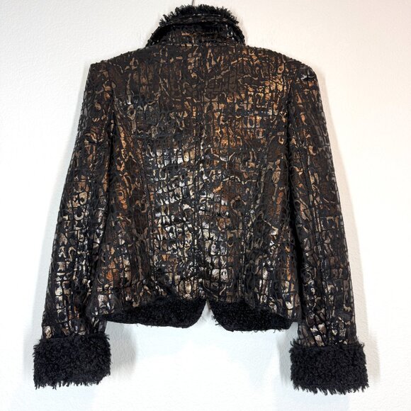 Y2K Rocker Jacket Faux Croc Pattern Black Gold Sherpa Lined Holiday Large - Picture 2 of 11